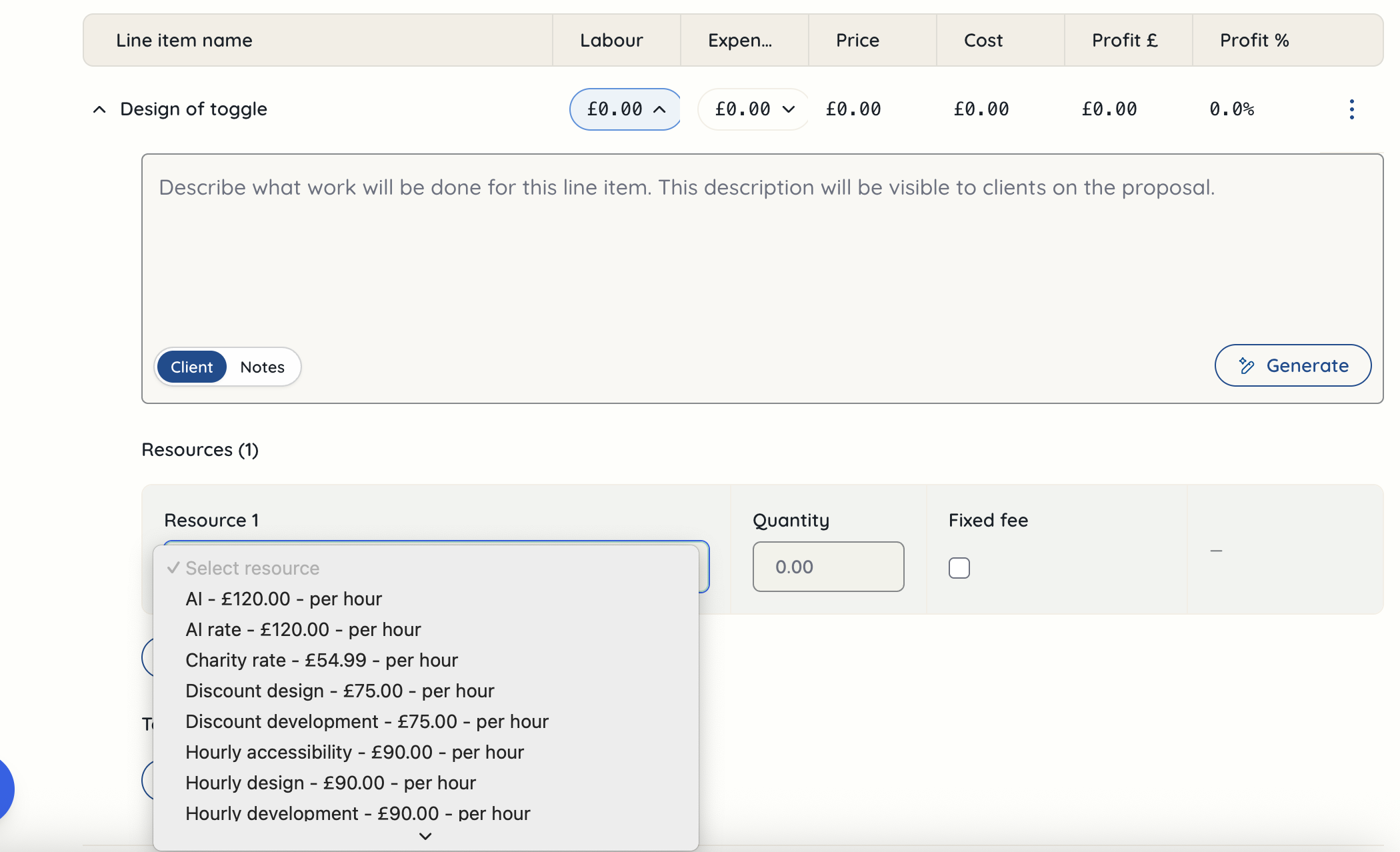 project deliverable line item