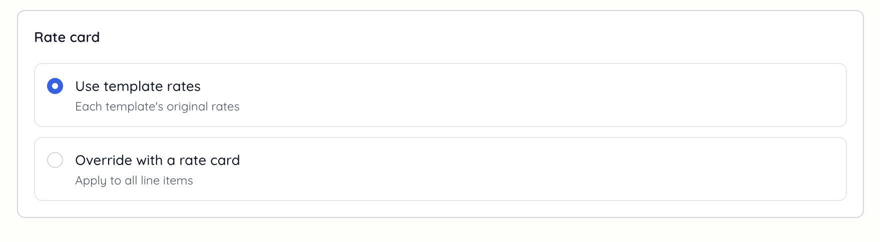 project deliverable added from template with rate card selection
