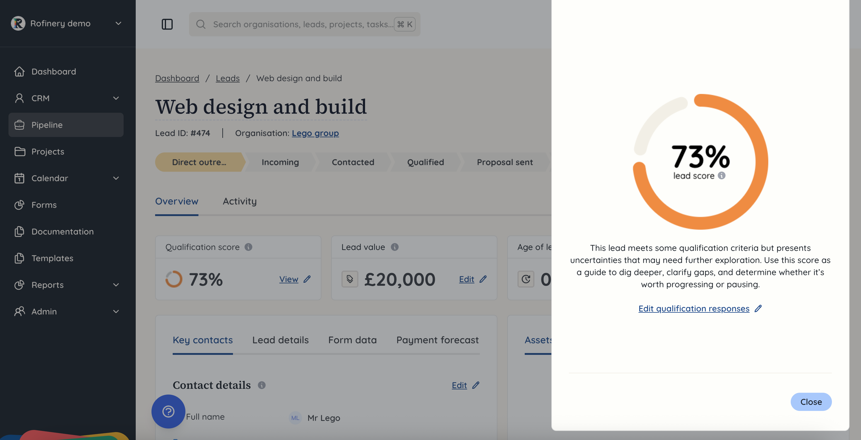 Pipeline lead overview qualification score