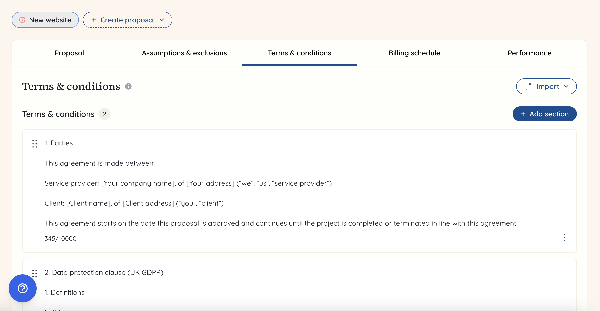 terms and conditions template in place
