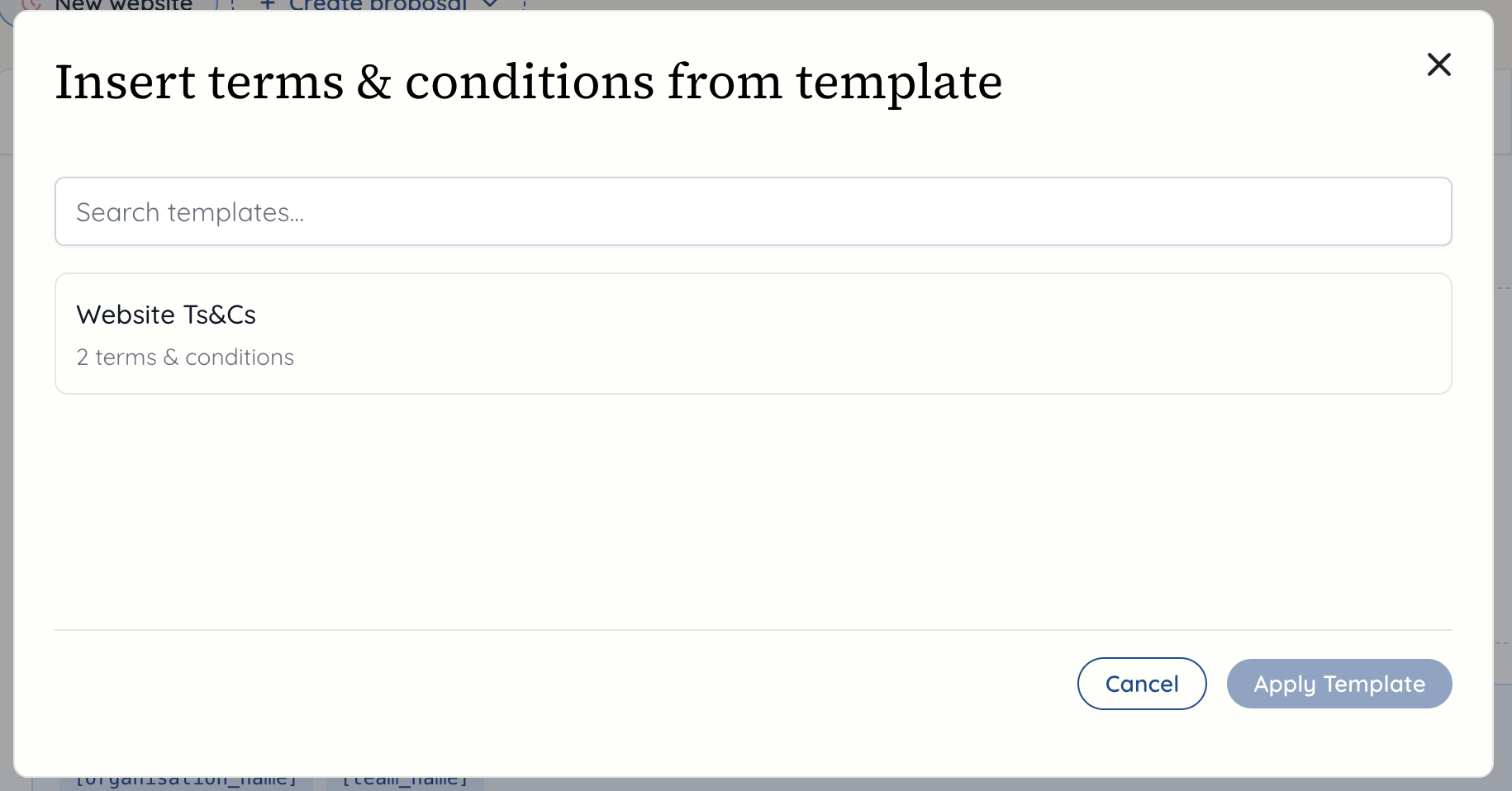 Modal showing terms and conditions templates to import into a proposal