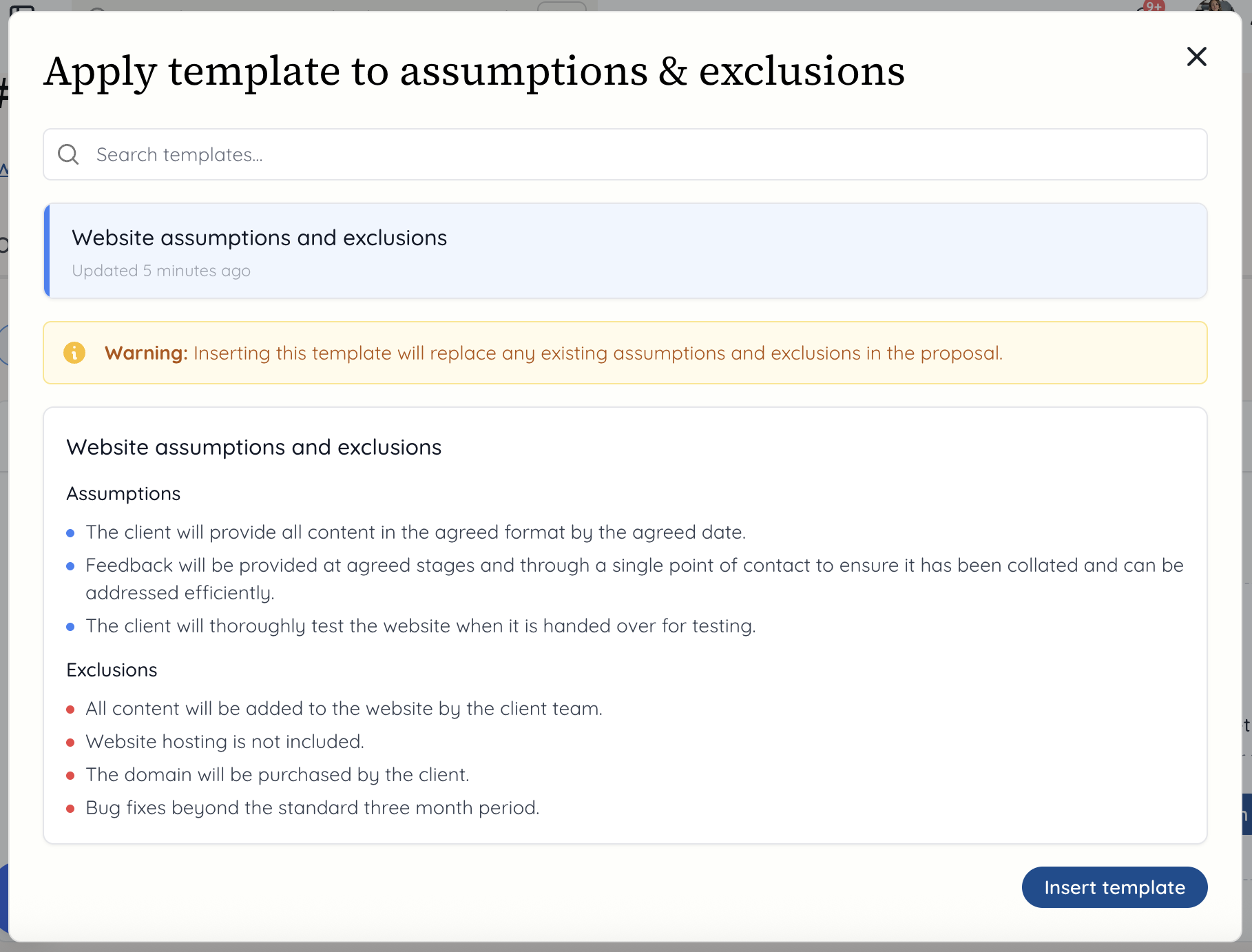 Add the template for assumptions and exclusions into a proposal
