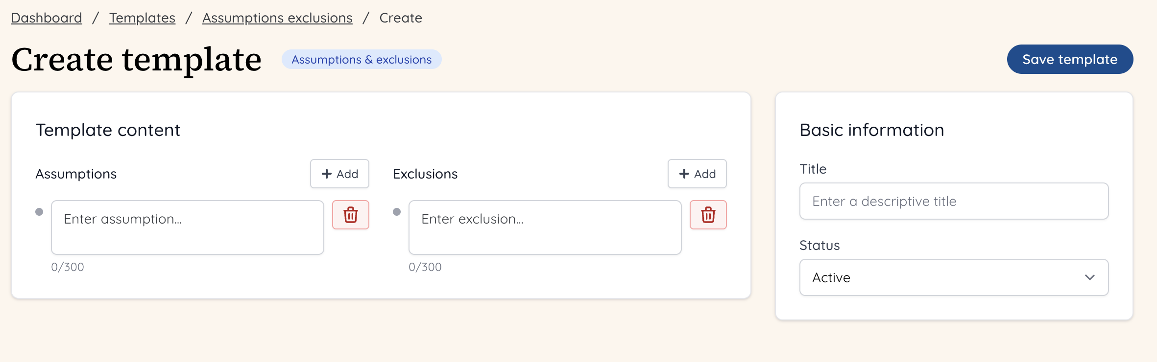Templates for assumptions and exclusions - create a template