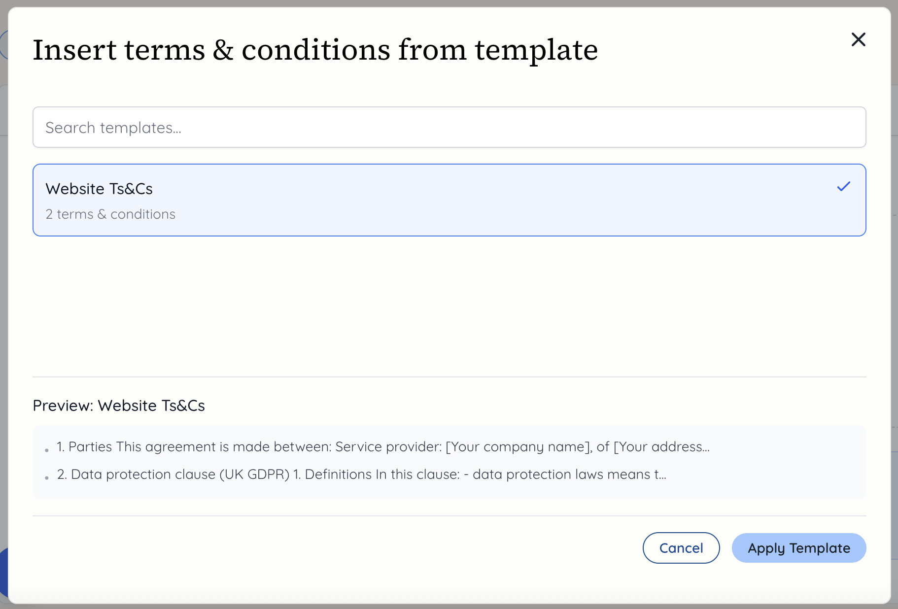 Apply template for terms and conditions to a proposal