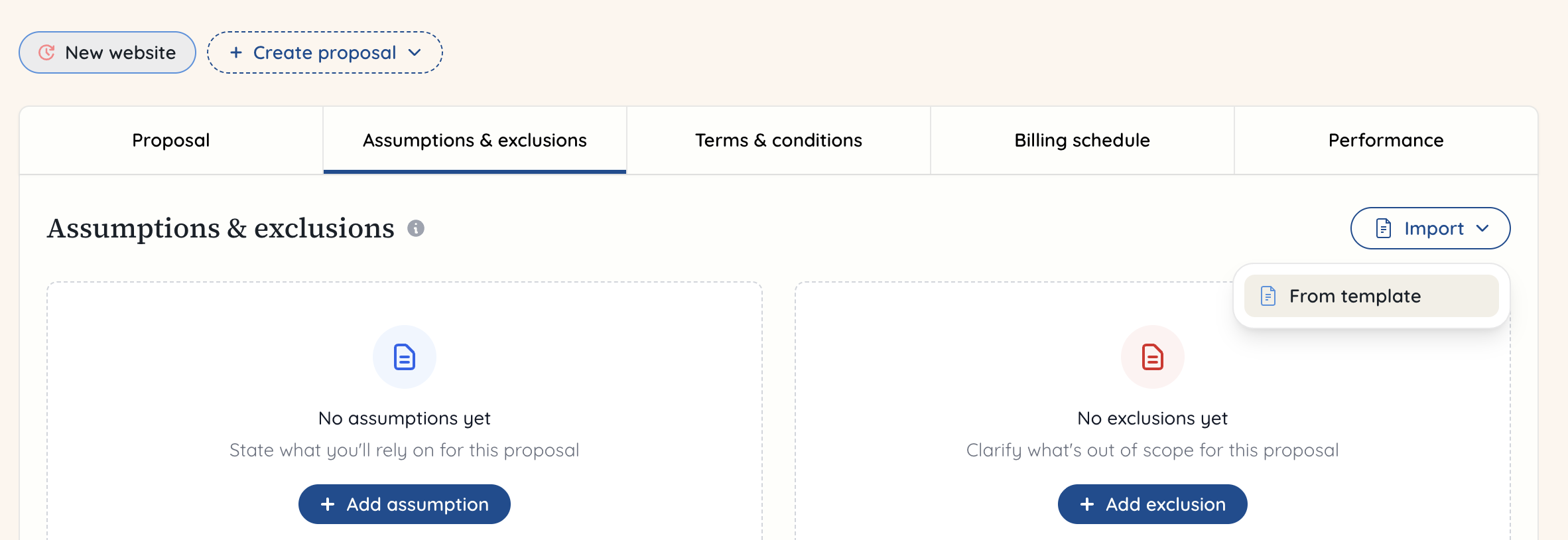 Importing a template for assumptions and exclusions into a proposal