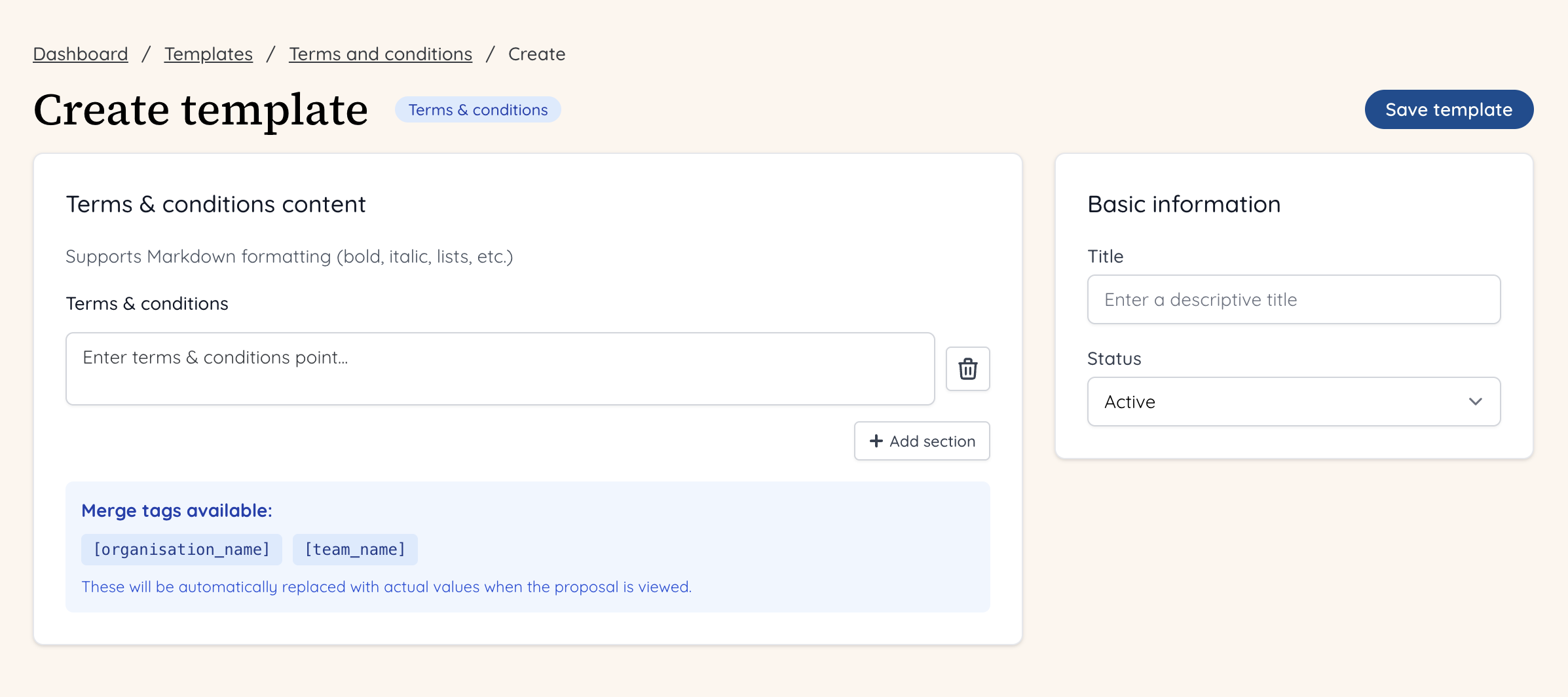 add sections to a terms and conditions template