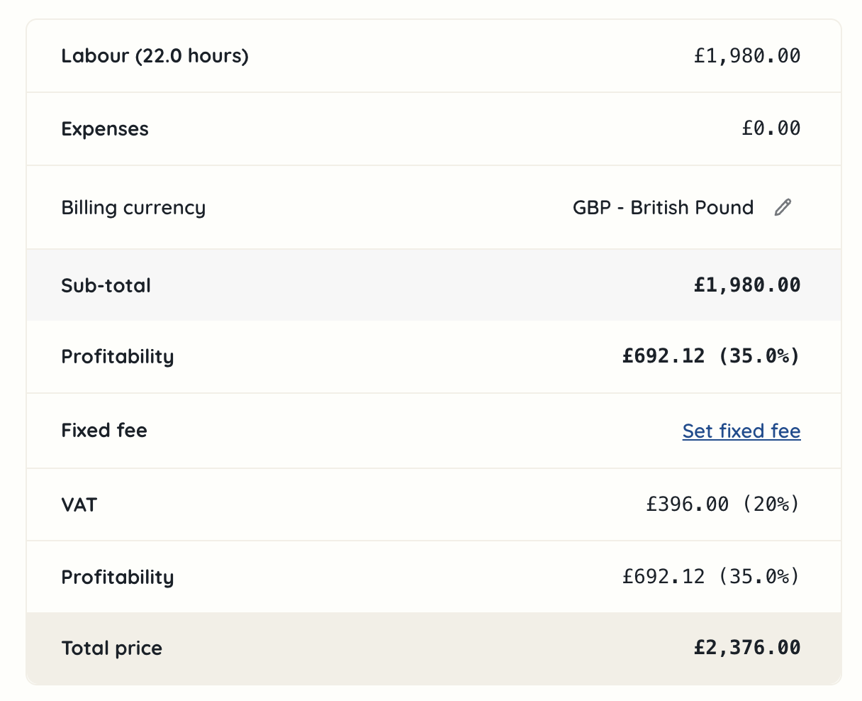 Project proposal fixed fee summary