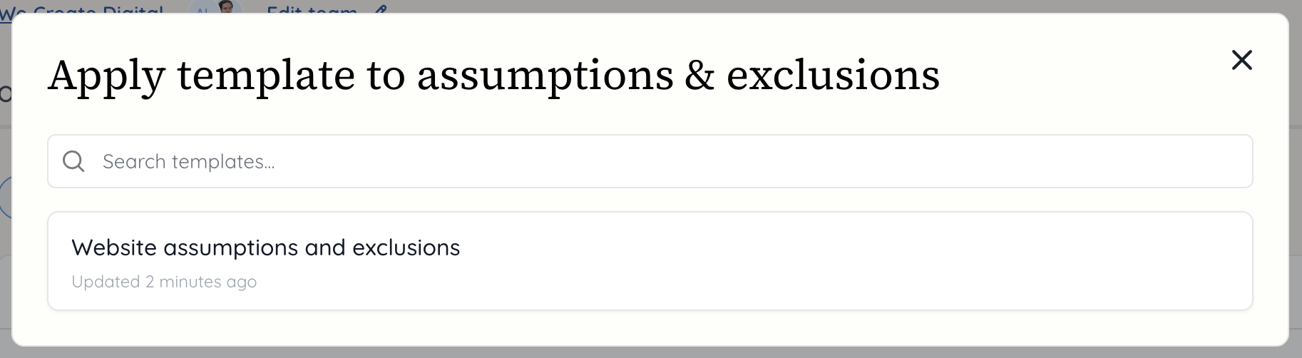 Select an assumptions and exclusions template to import
