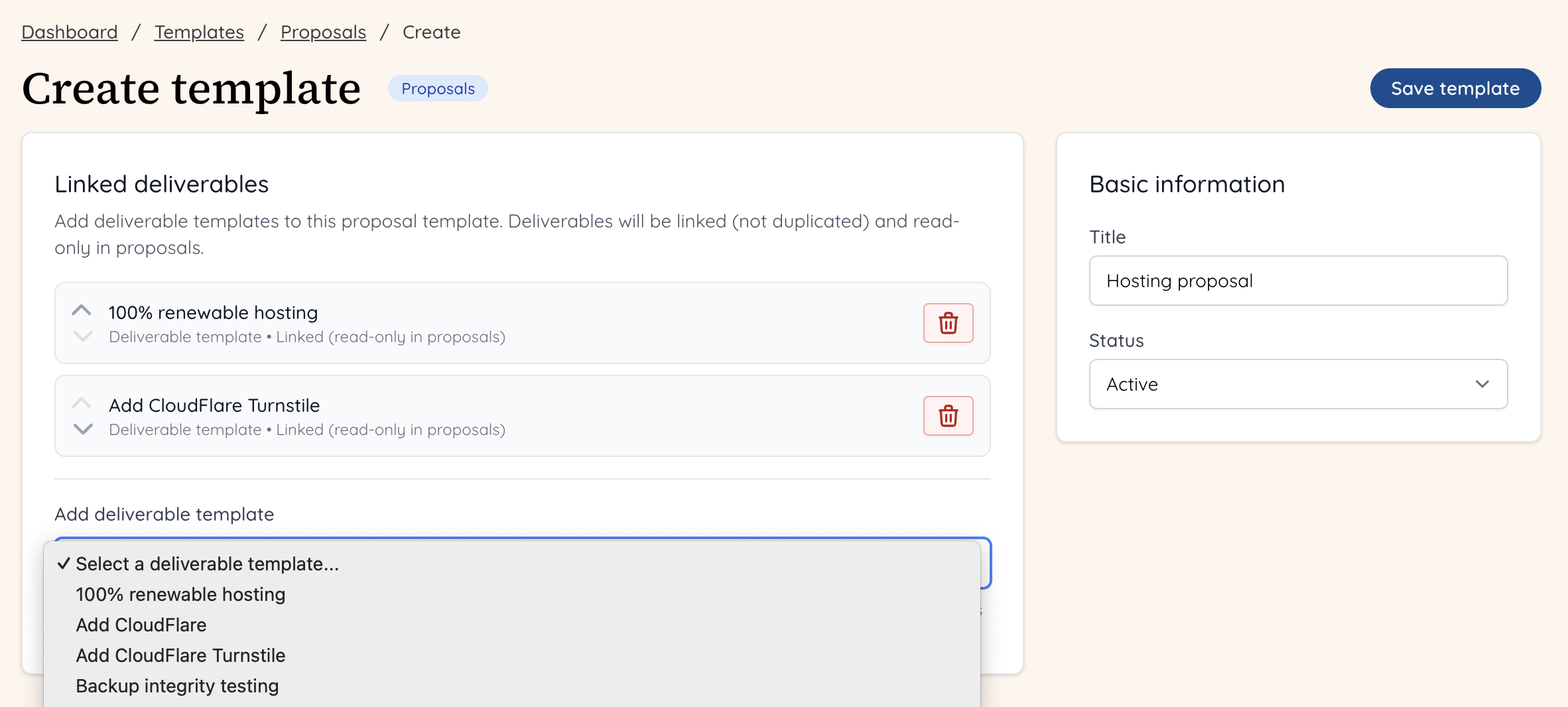 Select deliverables templates to create proposal template